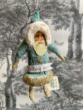 Laden Sie das Bild in den Galerie-Viewer, Spun Cotton Christmas Ornament Blue Santa "Holly Jolly"