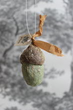 Laden Sie das Bild in den Galerie-Viewer, Spun Cotton Winter Ornament Acorn with Gold Ribbon