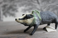 Laden Sie das Bild in den Galerie-Viewer, Spun Cotton Christmas Ornament Badger with Green Ribbon