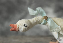 Laden Sie das Bild in den Galerie-Viewer, Spun Cotton Standing Figurine Cackling Goose with Mint  Ribbon
