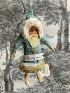 Spun Cotton Christmas Ornament Blue Santa "Holly Jolly"