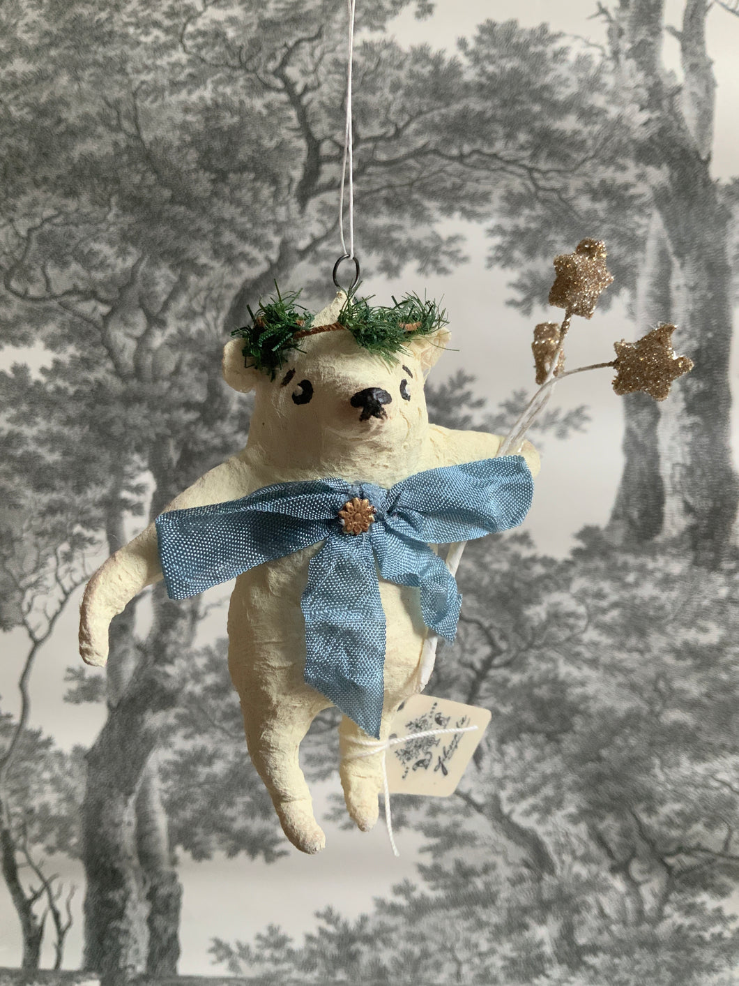 Spun Cotton Christmas Ornament Polar Bear with Wreath