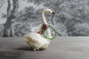 Standing Spun Cotton Figurine Winged Swan with Wreath