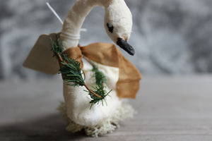 Standing Spun Cotton Figurine Curious Winged Swan with Wreath