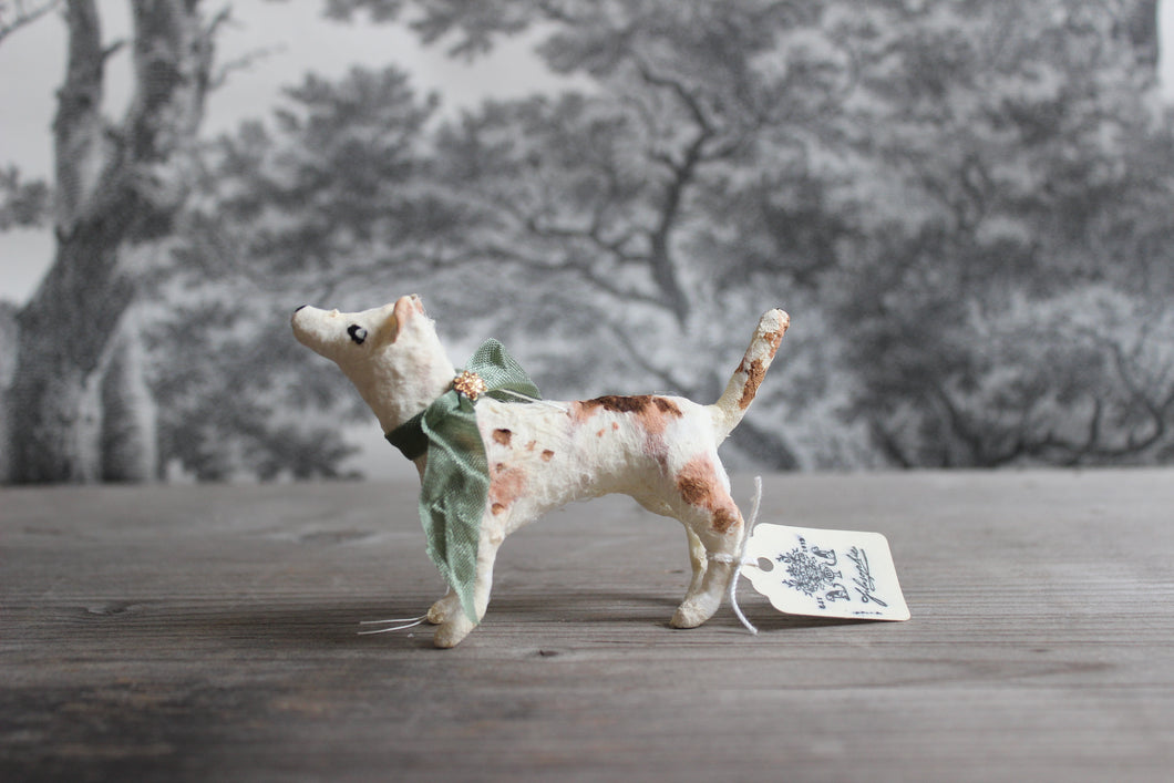 Spun Cotton Christmas Ornament Dog Terrier with Green Ribbon