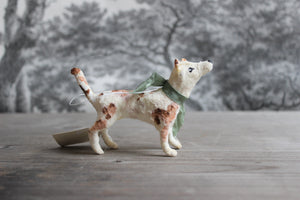 Spun Cotton Christmas Ornament Dog Terrier with Green Ribbon