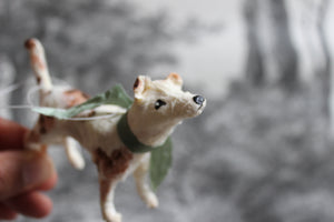 Spun Cotton Christmas Ornament Dog Terrier with Green Ribbon