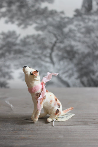 Spun Cotton Christmas Ornament Sitting Dog with Pink Ribbon