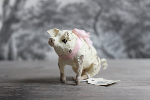 Spun Cotton Christmas Ornament Sitting Piglet with Pink Ribbon