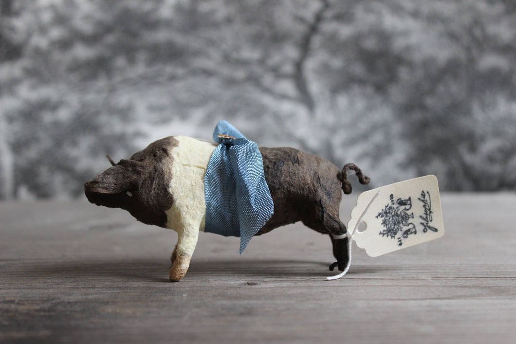 Spun Cotton Christmas Ornament Piglet with Blue Ribbon