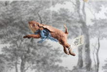 Laden Sie das Bild in den Galerie-Viewer, Spun Cotton Christmas Ornament  Jumping Hare with Blue Ribbon