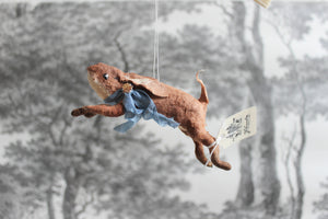 Spun Cotton Christmas Ornament  Jumping Hare with Blue Ribbon