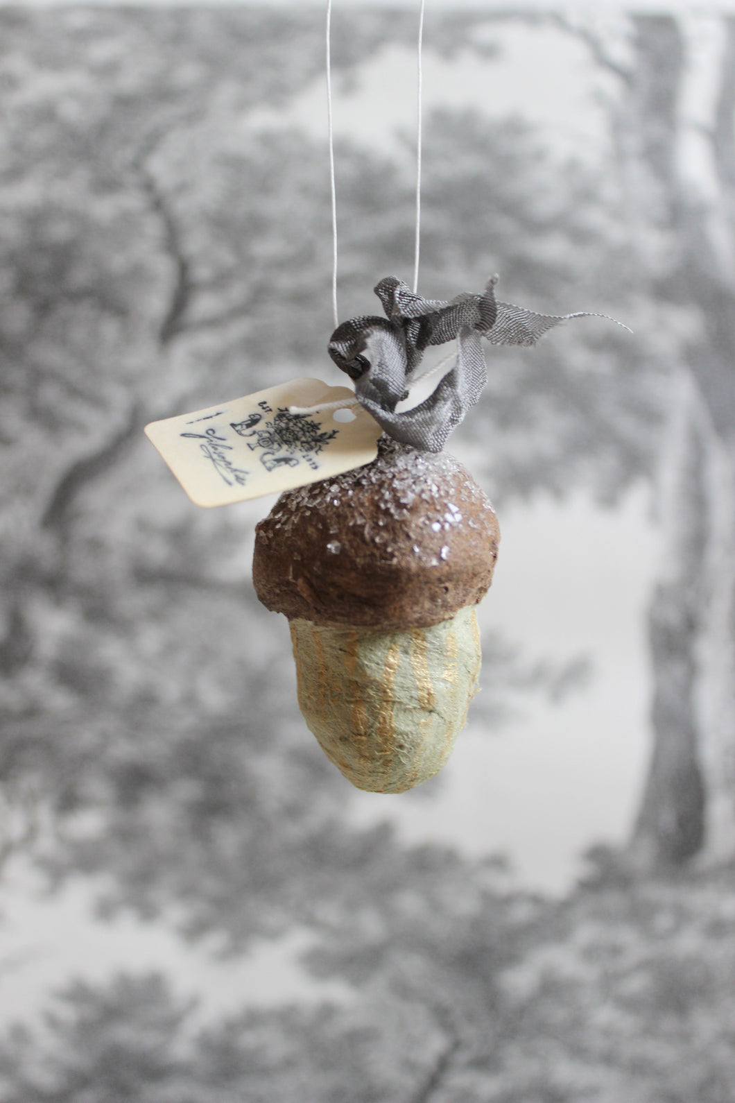 Spun Cotton Winter Ornament Acorn with Grey Ribbon
