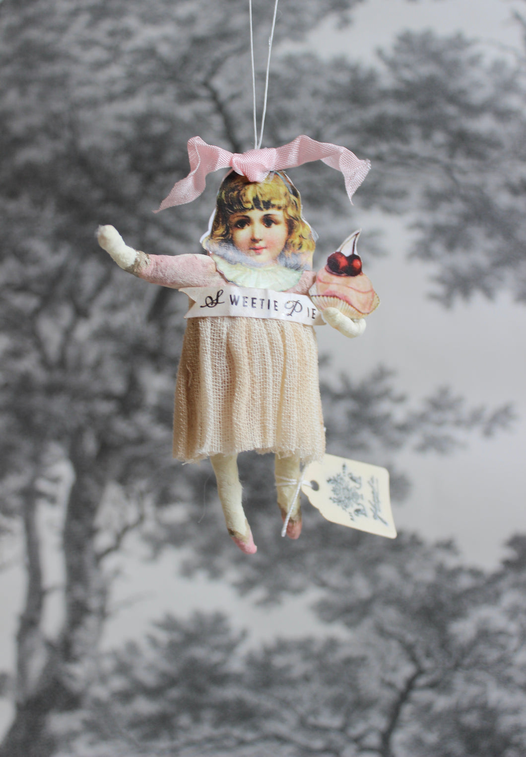 Spun Cotton Christmas Ornament Girl with Cake 