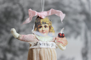 Spun Cotton Christmas Ornament Girl with Cake "Sweetie Pie"