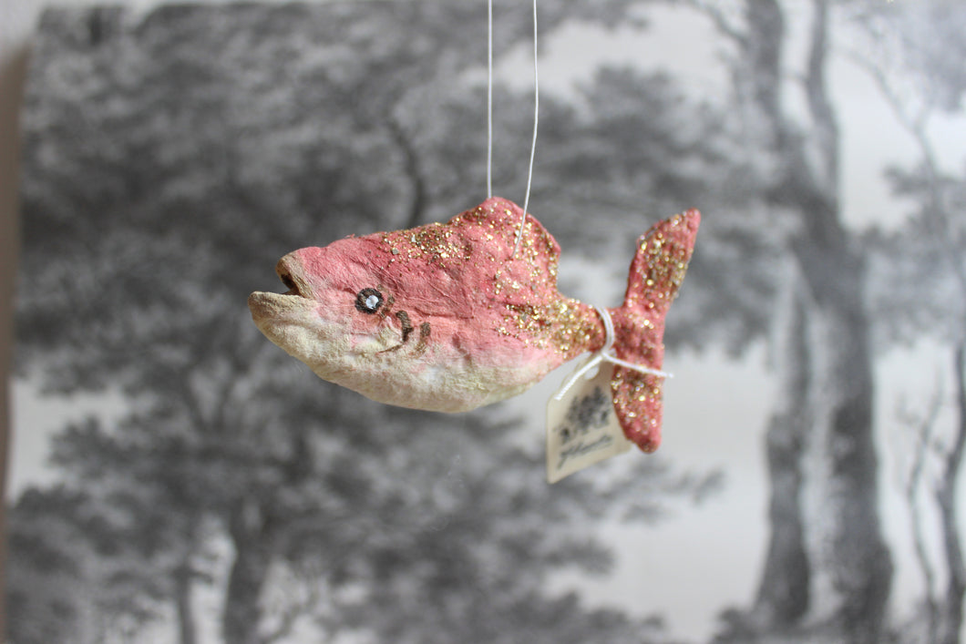 Spun Cotton Christmas Ornament Pink Fish with Glitter
