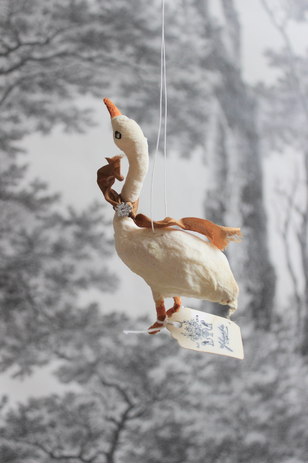 Spun Cotton Christmas Ornament Goose with Gold Ribbon