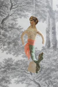Spun Cotton Christmas Ornament Mermaid with Peach Ribbon