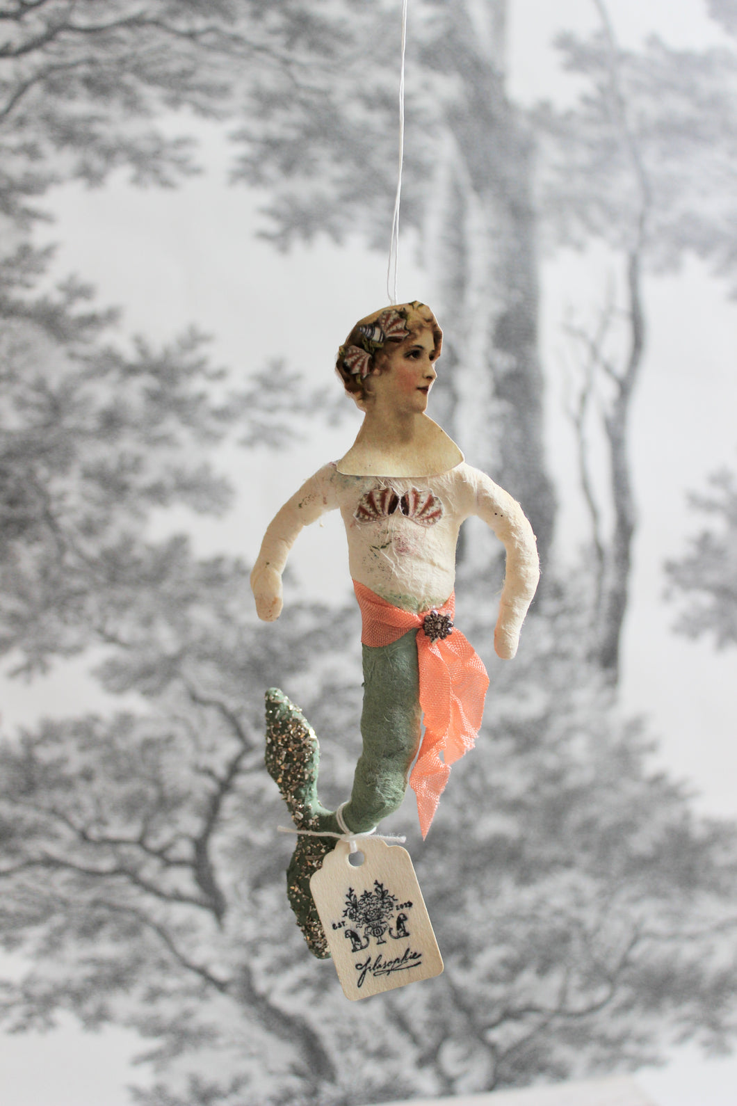 Spun Cotton Christmas Ornament Mermaid with Peach Ribbon