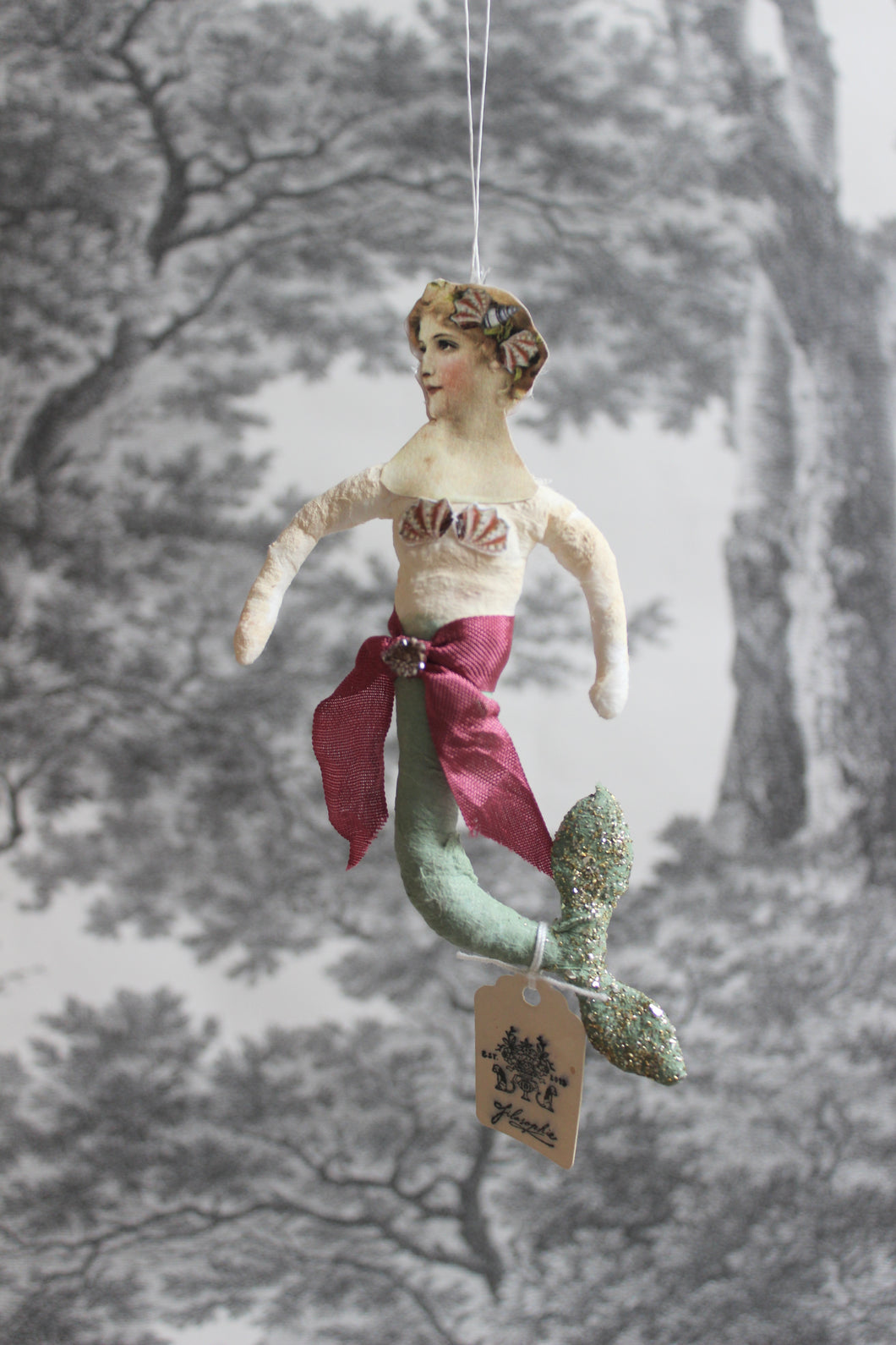 Spun Cotton Christmas Ornament Mermaid with Purple Ribbon