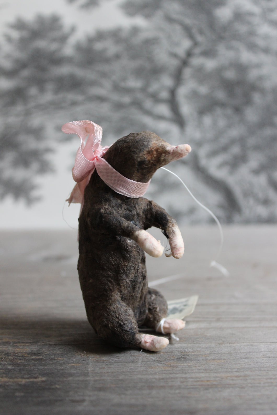Spun Cotton Christmas Ornament Mole with Pink Ribbon