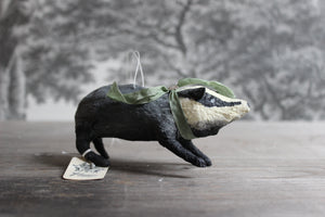 Spun Cotton Christmas Ornament Badger with Green Ribbon