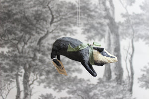 Spun Cotton Christmas Ornament Badger with Green Ribbon