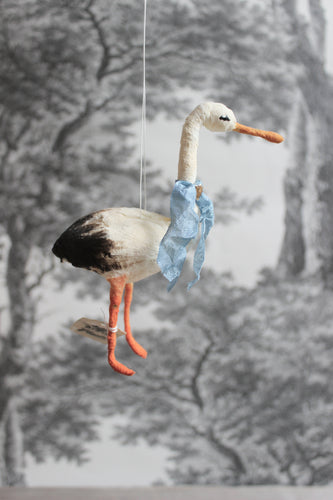 Spun Cotton Christmas Ornament Stork with Blue Ribbon