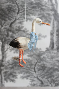 Spun Cotton Christmas Ornament Stork with Blue Ribbon
