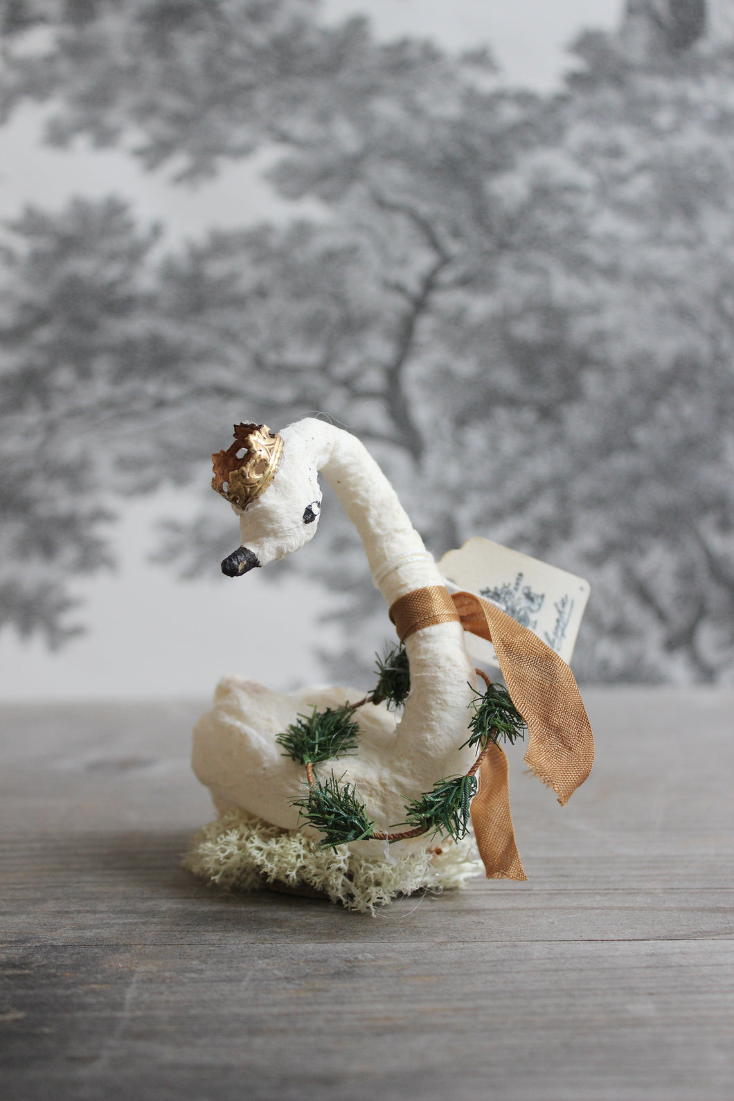 Standing Spun Cotton Figurine Curious Winged Swan with Wreath and Crown