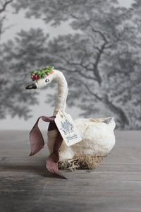 Standing Spun Cotton Figurine Winged Swan with Floral Wreath