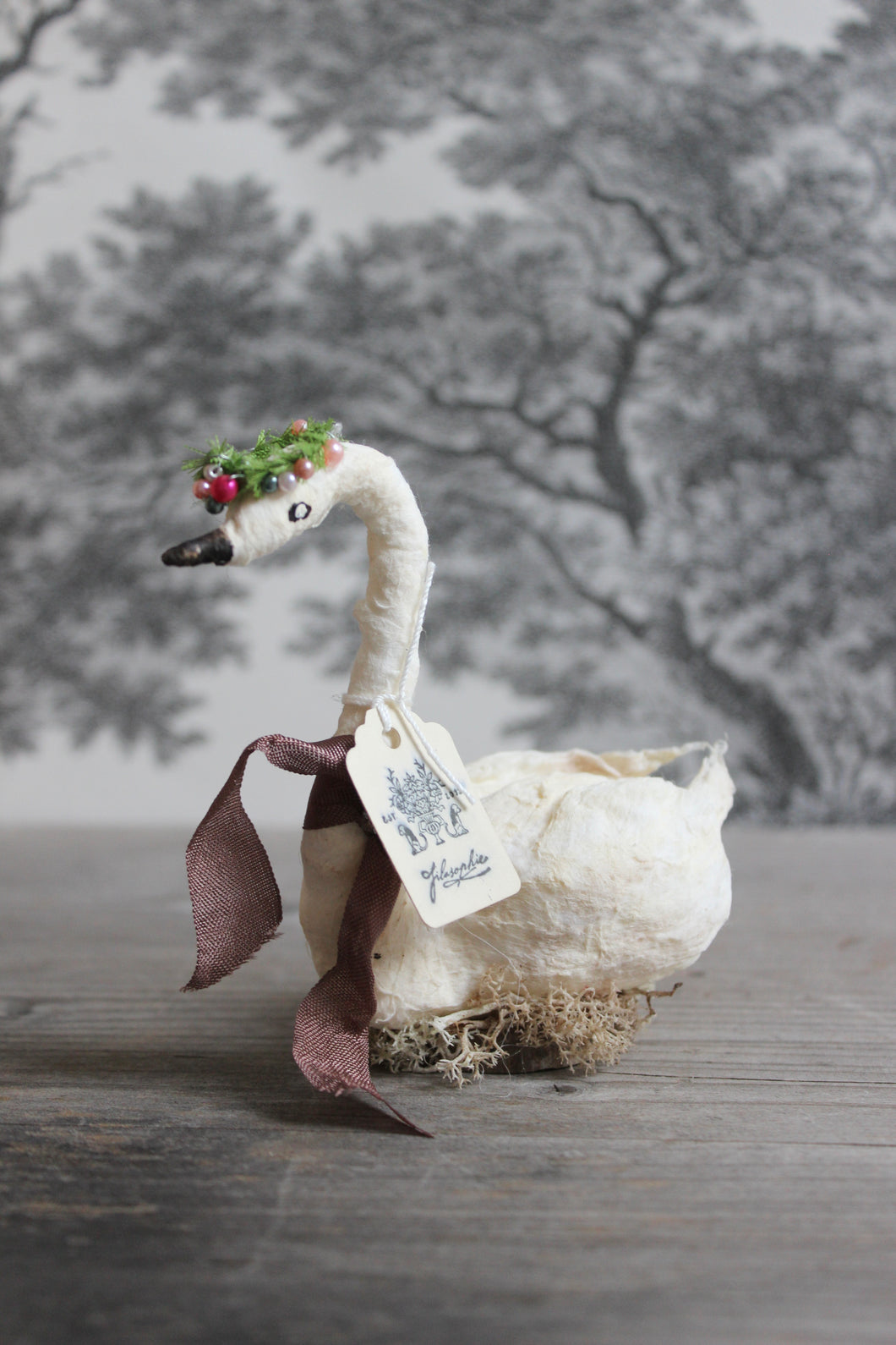 Standing Spun Cotton Figurine Winged Swan with Floral Wreath