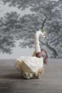 Standing Spun Cotton Figurine Winged Swan with Floral Wreath