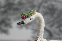 Laden Sie das Bild in den Galerie-Viewer, Standing Spun Cotton Figurine Winged Swan with Floral Wreath