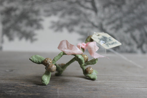 Spun Cotton Winter Ornament Mistletoe with Pink Ribbon
