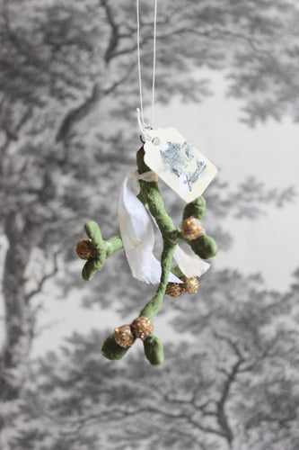 Spun Cotton Winter Ornament Mistletoe with White Ribbon