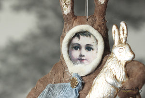 Spun Cotton Ornament Brown Easter Rabbit with silver Bunny