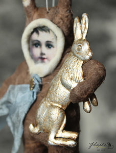 Spun Cotton Ornament Brown Easter Rabbit with silver Bunny