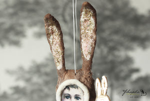 Spun Cotton Ornament Brown Easter Rabbit with silver Bunny