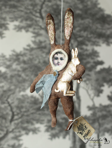 Spun Cotton Ornament Brown Easter Rabbit with silver Bunny