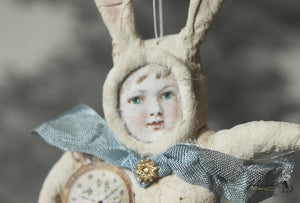 Spun Cotton Ornament White Rabbit with "Pocket Watch"