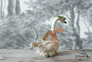 Standing Spun Cotton Figurine Winged Swan with Flower Crown