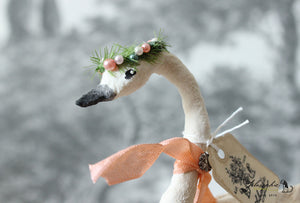 Standing Spun Cotton Figurine Winged Swan with Flower Crown