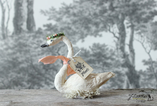 Standing Spun Cotton Figurine Winged Swan with Flower Crown