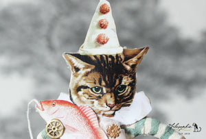 Spun Cotton Ornament Cat with Pink Fish Pull Toy