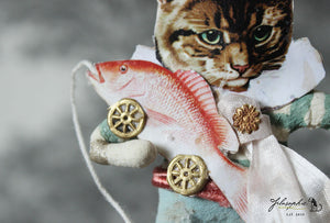 Spun Cotton Ornament Cat with Pink Fish Pull Toy