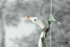 Spun Cotton Ornament Goose with Dusty Green Ribbon