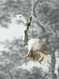 Spun Cotton Ornament Goose with Dusty Green Ribbon