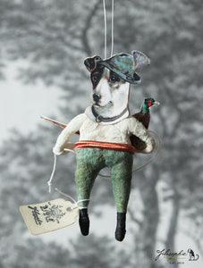 Spun Cotton Ornament Hunting Dog with Pheasant Pull Toy