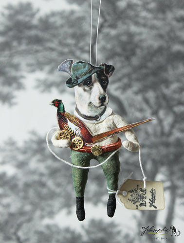 Spun Cotton Ornament Hunting Dog with Pheasant Pull Toy